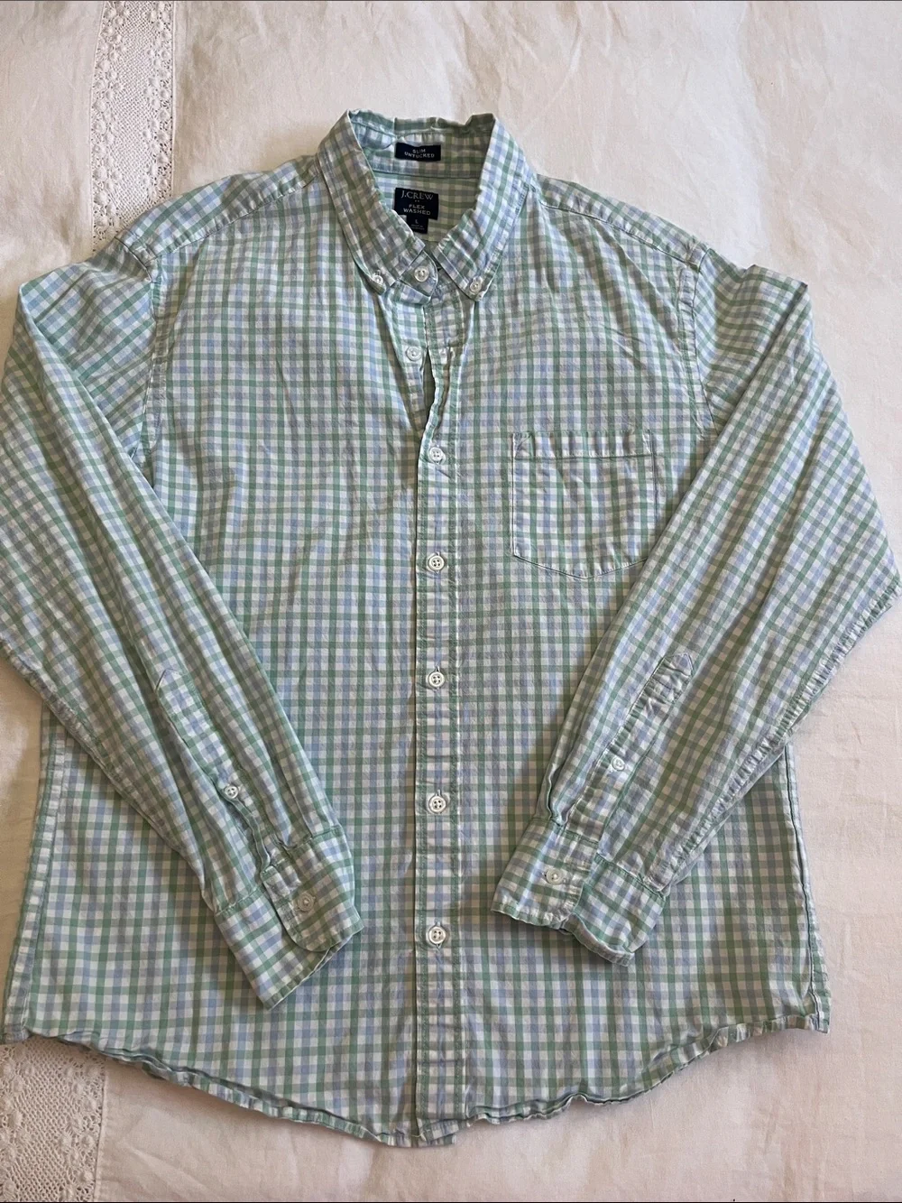J. Crew Green & Blue Gingham Flex Washed Slim Untucked Button-down Shirt, Size L